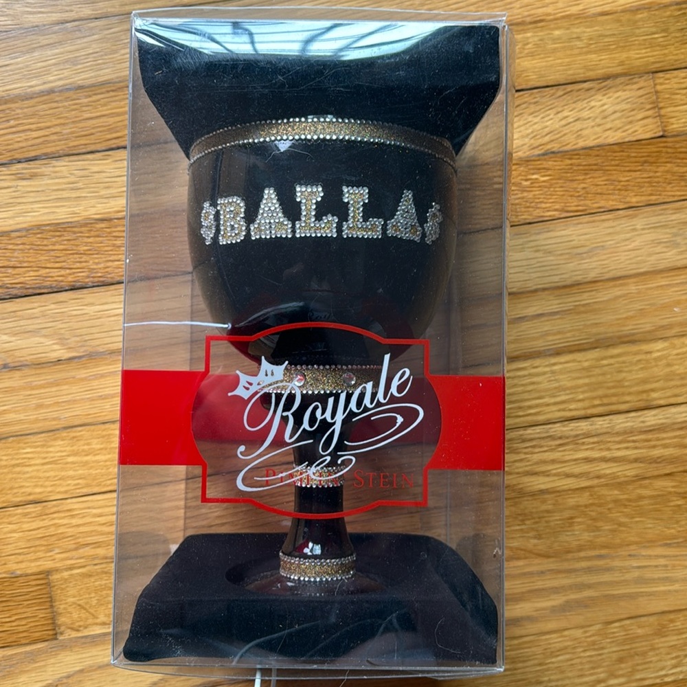$BALLA$ giant wine goblet. Black with gold and rhinestones.
